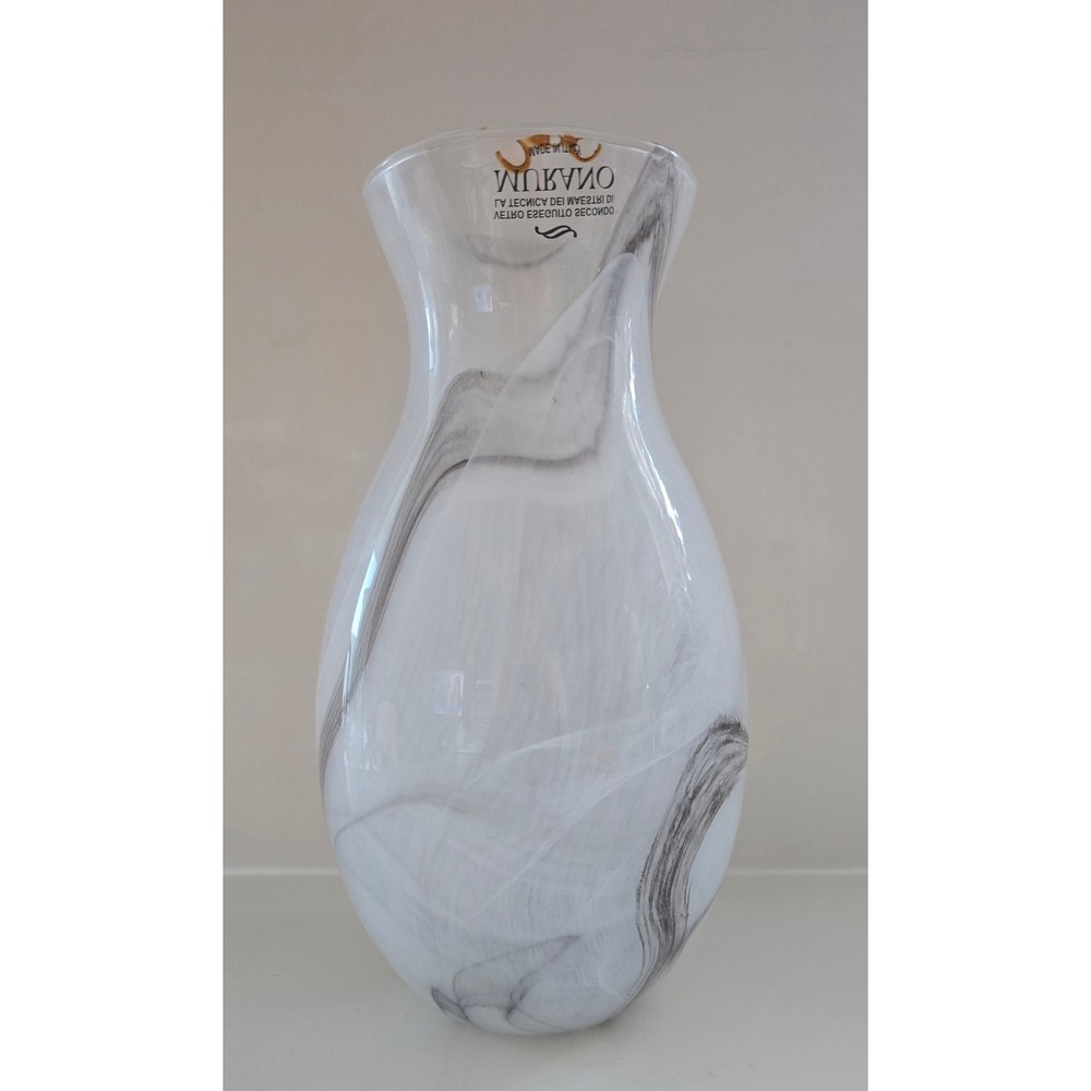 Murano Glass Vase White Gray Marbled Swirl Hand Blown Made in Italy Art Glass